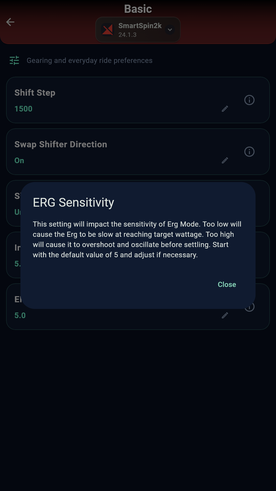 ERG Sensitivity help dialog opened from the info button, with a Close button