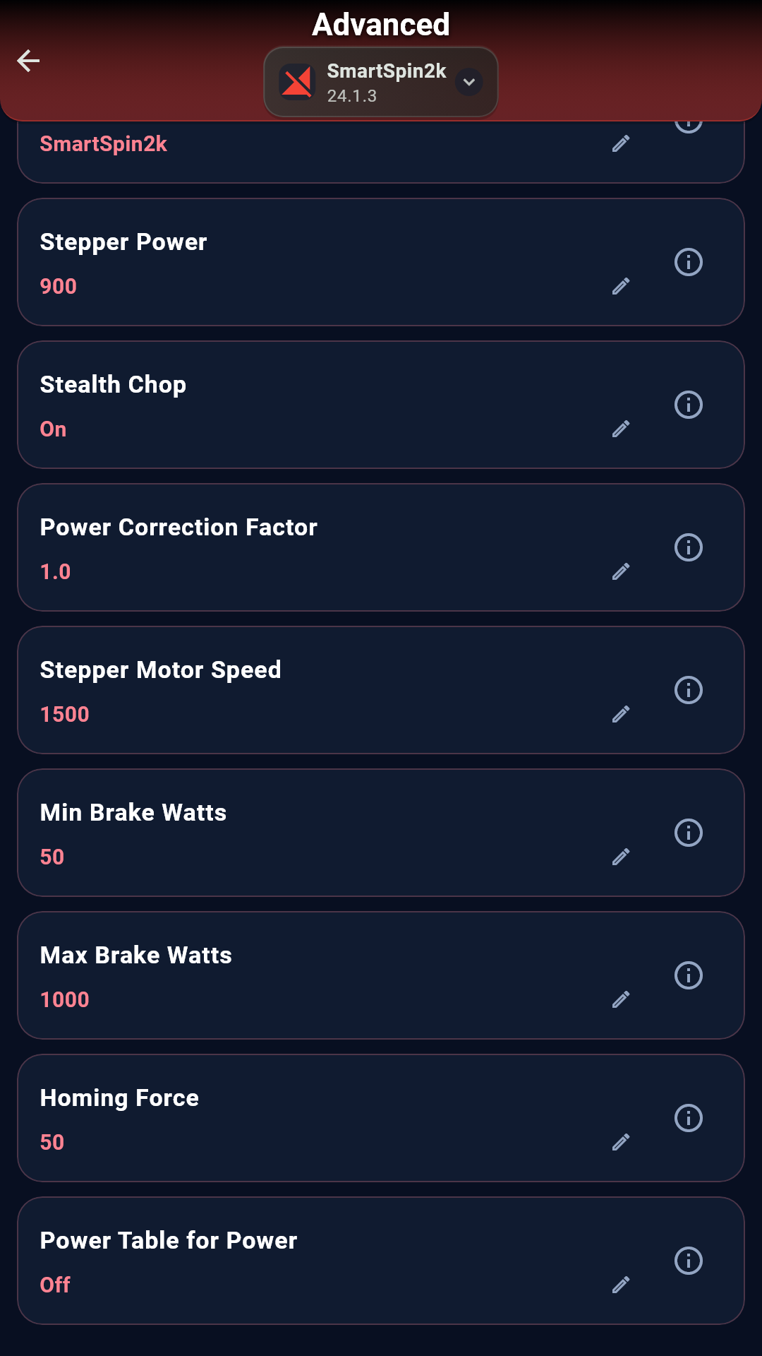 Advanced settings screen scrolled down, listing Stepper Power, Stealth Chop, Power Correction Factor, Stepper Motor Speed, Min Brake Watts, Max Brake Watts, Homing Force, and Power Table for Power